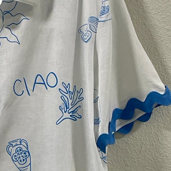 JANE & DELANCEY (NWT) "Ciao" Short Sleeve Button Down RicRac Blouse, Wht/Blu - M - Picture 3 of 9